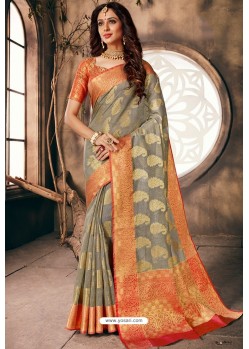Grey Designer Party Wear Embroidered Cotton Sari