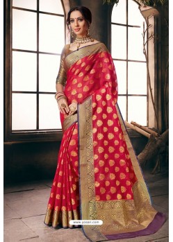 Rose Red Designer Party Wear Embroidered Cotton Sari