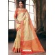 Cream Designer Party Wear Embroidered Cotton Sari