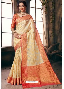 Cream Designer Party Wear Embroidered Cotton Sari