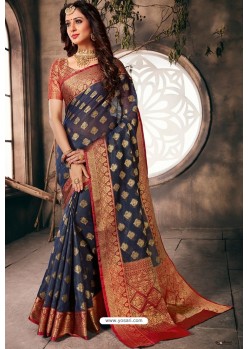 Navy Blue Designer Party Wear Embroidered Cotton Sari