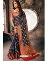 Navy Blue Designer Party Wear Embroidered Cotton Sari