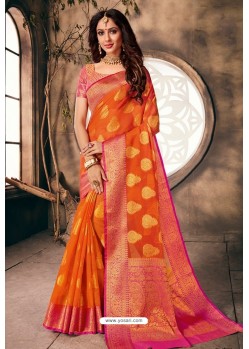 Orange Designer Party Wear Embroidered Cotton Sari