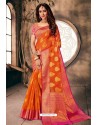 Orange Designer Party Wear Embroidered Cotton Sari