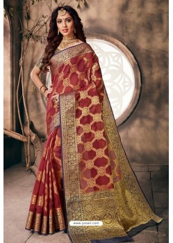 Maroon Designer Party Wear Embroidered Cotton Sari