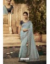 Aqua Grey Designer Embroidered Party Wear Sari