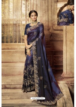 Dark Blue Designer Embroidered Party Wear Sari