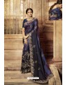 Dark Blue Designer Embroidered Party Wear Sari