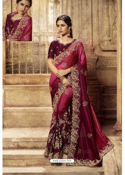 Rose Red Designer Embroidered Party Wear Sari