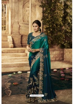 Teal Designer Embroidered Party Wear Sari