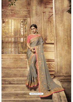 Grey Designer Embroidered Party Wear Sari