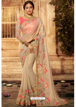 Light Beige Designer Embroidered Party Wear Sari
