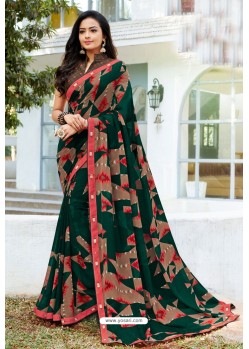 Dark Green Designer Printed Georgette Sari