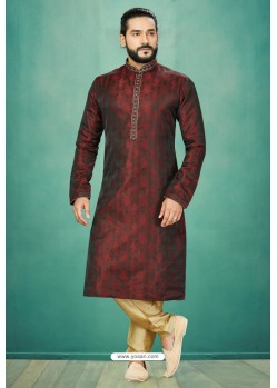 Maroon Readymade Banarasi Silk Kurta Pajama For Men