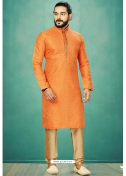 Orange Readymade Banarasi Silk Kurta Pajama For Men