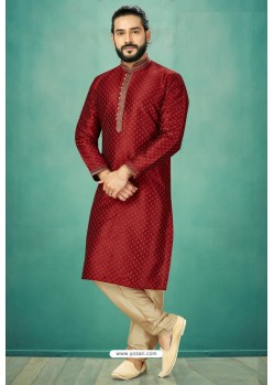 Maroon Readymade Banarasi Silk Kurta Pajama For Men