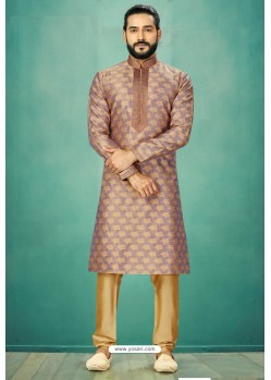 Beige Readymade Banarasi Silk Kurta Pajama For Men