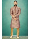 Beige Readymade Banarasi Silk Kurta Pajama For Men