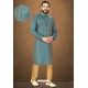 Teal Blue Readymade Banarasi Silk Kurta Pajama For Men