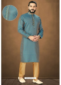 Teal Blue Readymade Banarasi Silk Kurta Pajama For Men