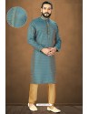 Teal Blue Readymade Banarasi Silk Kurta Pajama For Men