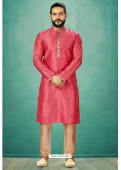 Dark Peach Readymade Banarasi Silk Kurta Pajama For Men