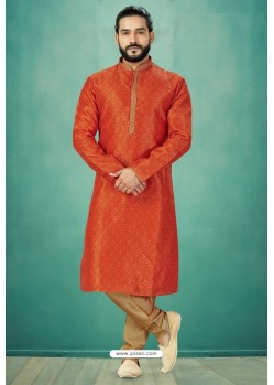 Orange Readymade Banarasi Silk Kurta Pajama For Men