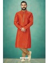 Orange Readymade Banarasi Silk Kurta Pajama For Men