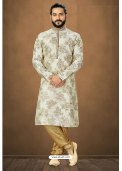 White Readymade Banarasi Silk Kurta Pajama For Men