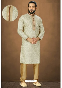 Off White Readymade Banarasi Silk Kurta Pajama For Men