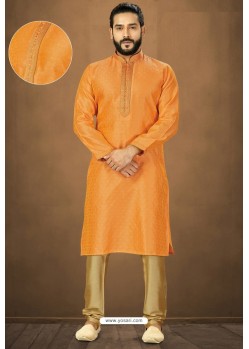 Orange Readymade Banarasi Silk Kurta Pajama For Men