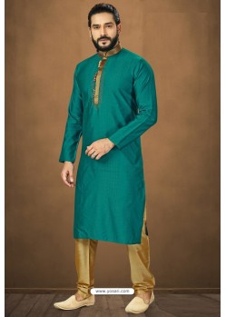 Teal Readymade Banarasi Silk Kurta Pajama For Men