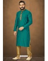 Teal Readymade Banarasi Silk Kurta Pajama For Men