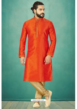 Orange Readymade Banarasi Silk Kurta Pajama For Men