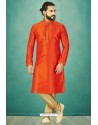 Orange Readymade Banarasi Silk Kurta Pajama For Men