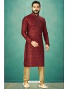 Maroon Readymade Banarasi Silk Kurta Pajama For Men