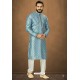Blue Readymade Banarasi Silk Kurta Pajama For Men