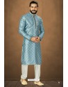 Blue Readymade Banarasi Silk Kurta Pajama For Men