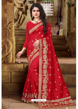 Red Party Wear Art Silk Jari Embroidered Sari