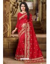 Red Party Wear Art Silk Jari Embroidered Sari