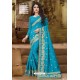 Turquoise Party Wear Art Silk Jari Embroidered Sari