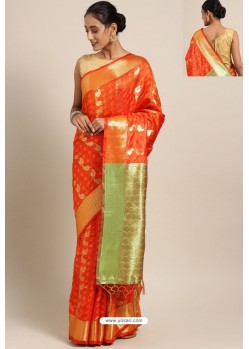Orange Designer Party Wear Kanjeevaram Art Silk Sari