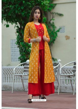 Red Designer Party Wear Readymade Rayon Kurti With Palazzo