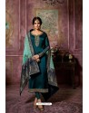 Teal Blue Embroidered Satin Georgette Straight Salwar Suit