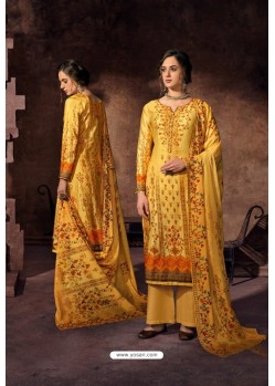 Yellow Embroidered Jam Satin Party Wear Palazzo Salwar Suit