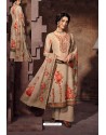 Beige Embroidered Jam Satin Party Wear Palazzo Salwar Suit