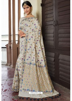 Off White Heavy Embroidered Silk Party Wear Sari