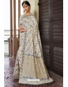 Off White Heavy Embroidered Silk Party Wear Sari