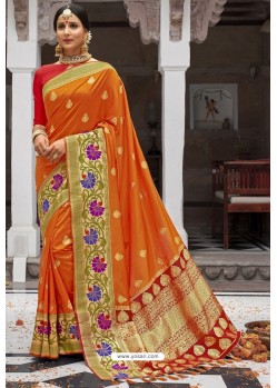 Orange Heavy Embroidered Silk Party Wear Sari