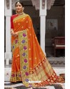 Orange Heavy Embroidered Silk Party Wear Sari